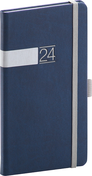 Vreckový diár Twill 2024, modro–strieborný, 9 × 15,5 cm