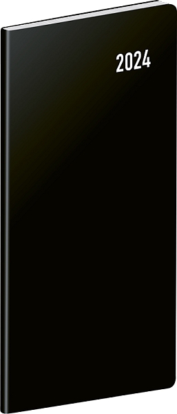 Vreckový diár Čierny 2024, plánovací mesačný, 8 × 18 cm