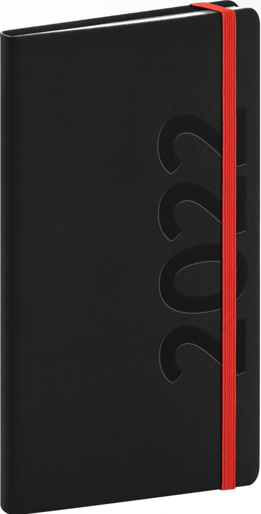 Vreckový diár Avilla 2022, čierno–červený, antibakteriálne, 9 × 15,5 cm
