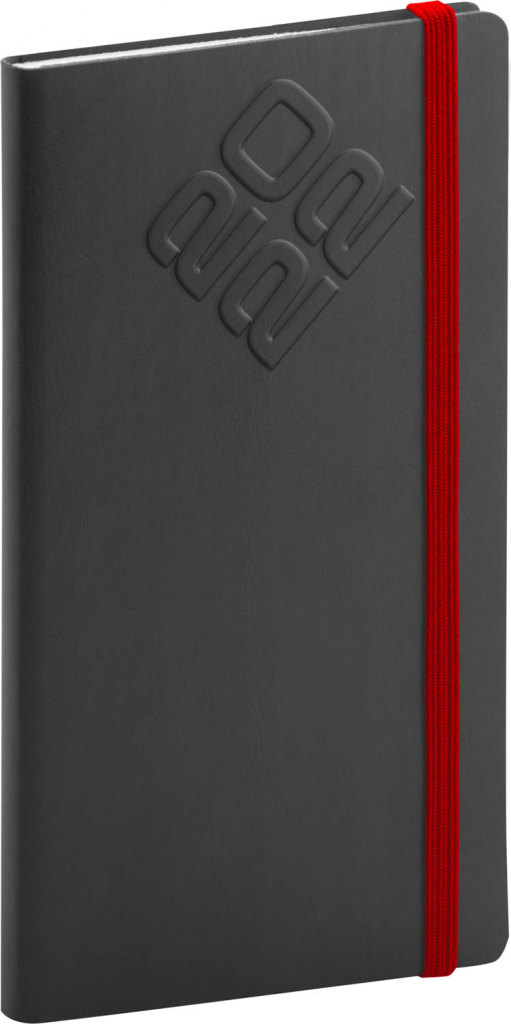 Vreckový diár Matra 2022, čierno–červený, 9 × 15,5 cm