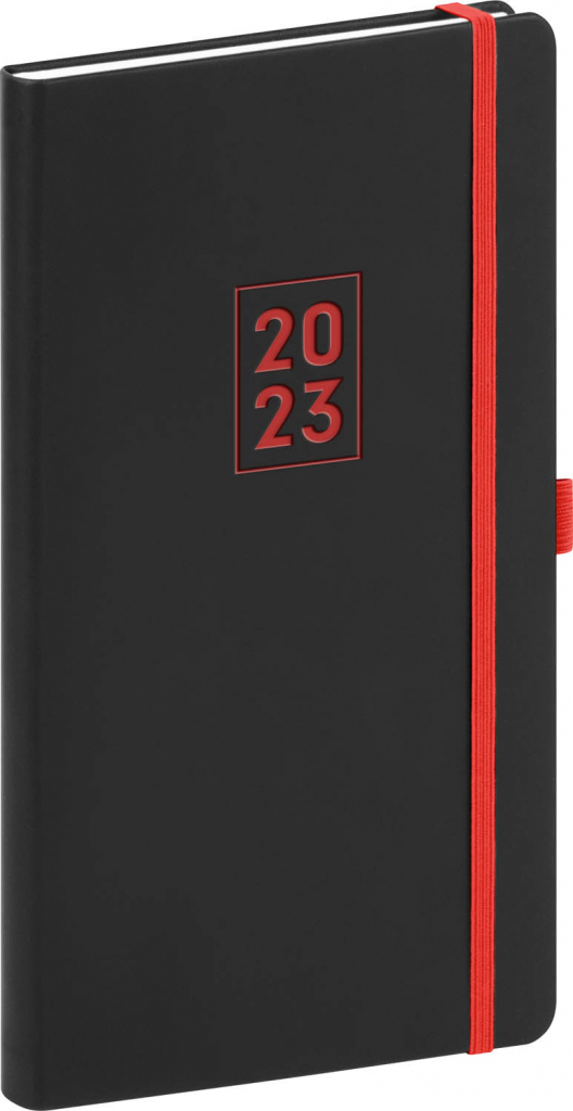 Vreckový diár Nox 2023, čierny–červený, 9 × 15,5 cm